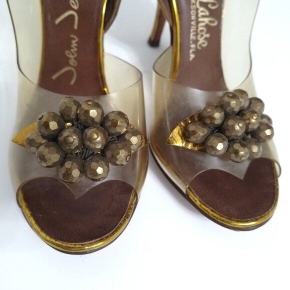 1950s Vintage Leather Sling Back Open Toe Clear Vinyl High Heels - Picture 5 of 6